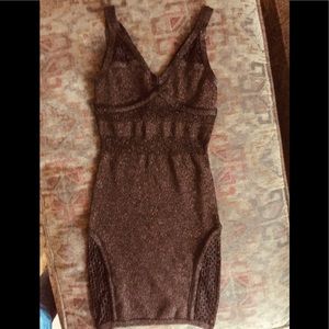 Bebe bronze lurex fishnet bodycon knit dress XS
